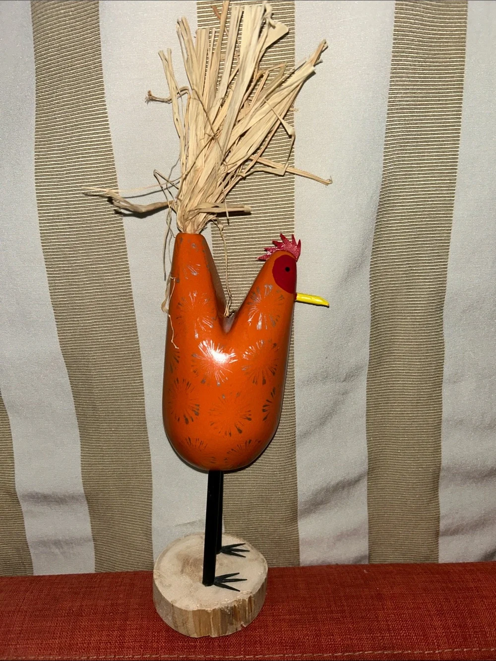 Hand-Painted Orange Wooden Rooster Accent with Raffia Tail